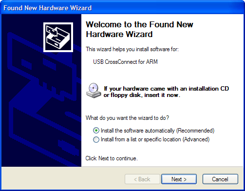 Installation screenshot 1 showing Windows welcome to the found new hardware wizard.